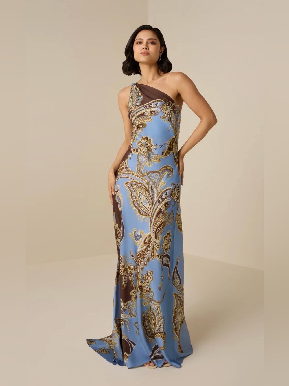 Hemant & Nandita SAYA ONE SHOULDER LONG DRESS in Blue and Brown